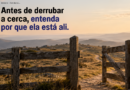 Imagem de uma cerca com a porteira aberta e o texto: "Antes de derrubar a cerca, entenda por que ela está ali." - Bruno Rondani