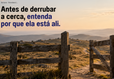 Imagem de uma cerca com a porteira aberta e o texto: "Antes de derrubar a cerca, entenda por que ela está ali." - Bruno Rondani
